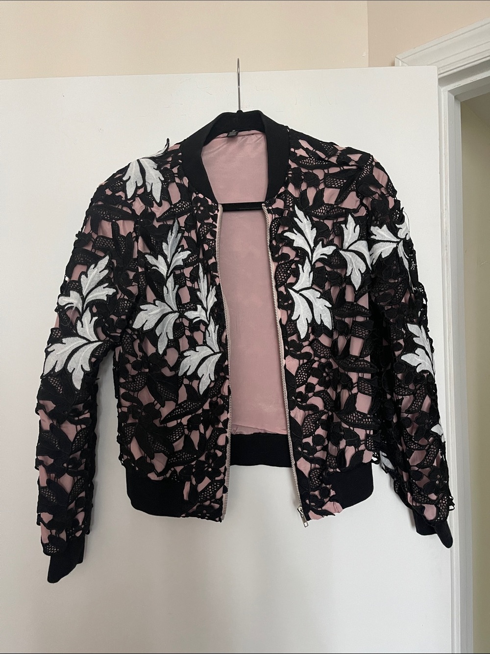 Women's Pink Lace Bomber Jacket with Black & White Appliqué